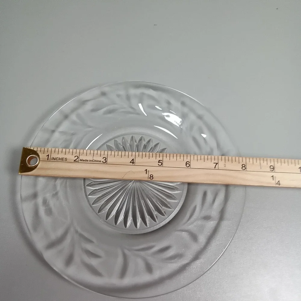 Vintage Clear Pressed Glass‎ 8 Inch Salad Plate Frosted Leaf Sunburst Design